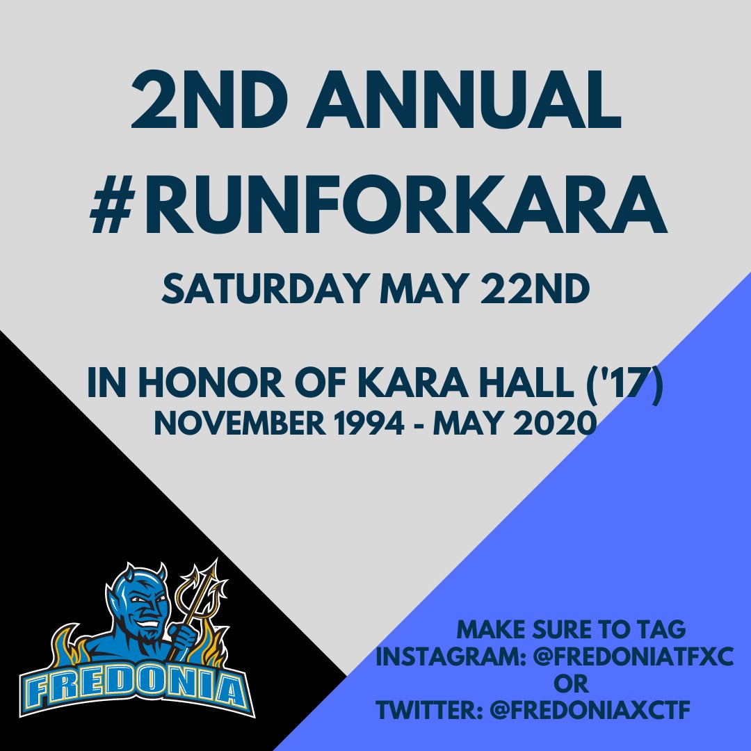 FredoniaXCTF's tweet photo. Please consider joining us this Saturday for our second annual #RunforKara @SUNYACsports @FredBlueDevils @BSC_XCTF @BrockportXCTF @CORTLANDXCTF @GeneseoKnights @nphawks @Oneonta_XCTF @OswegoStateXCTF @Cardinals_XCTF @PotsdamXC https://t.co/CUw5LGnqfN