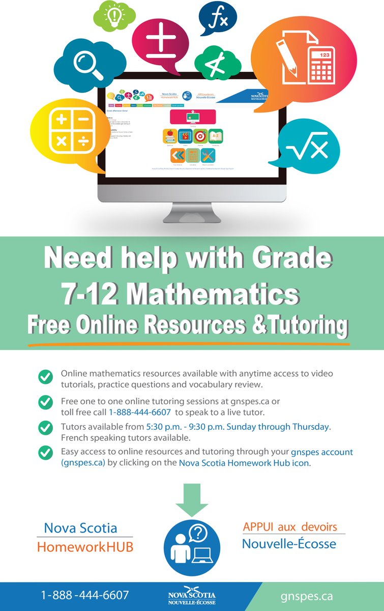 Students! Have you accessed the NS Homework Hub yet? 

Free one-on-one online math tutoring is available for Grades 7-12  from Sun to Thu, 5 pm to 10 pm &amp; now Grades 4-6 on Tues &amp; Thurs, 5:30-6:30 pm.

Check it out!  @HRCE_Math 

More: nshh.ednet.ns.ca/info.php
