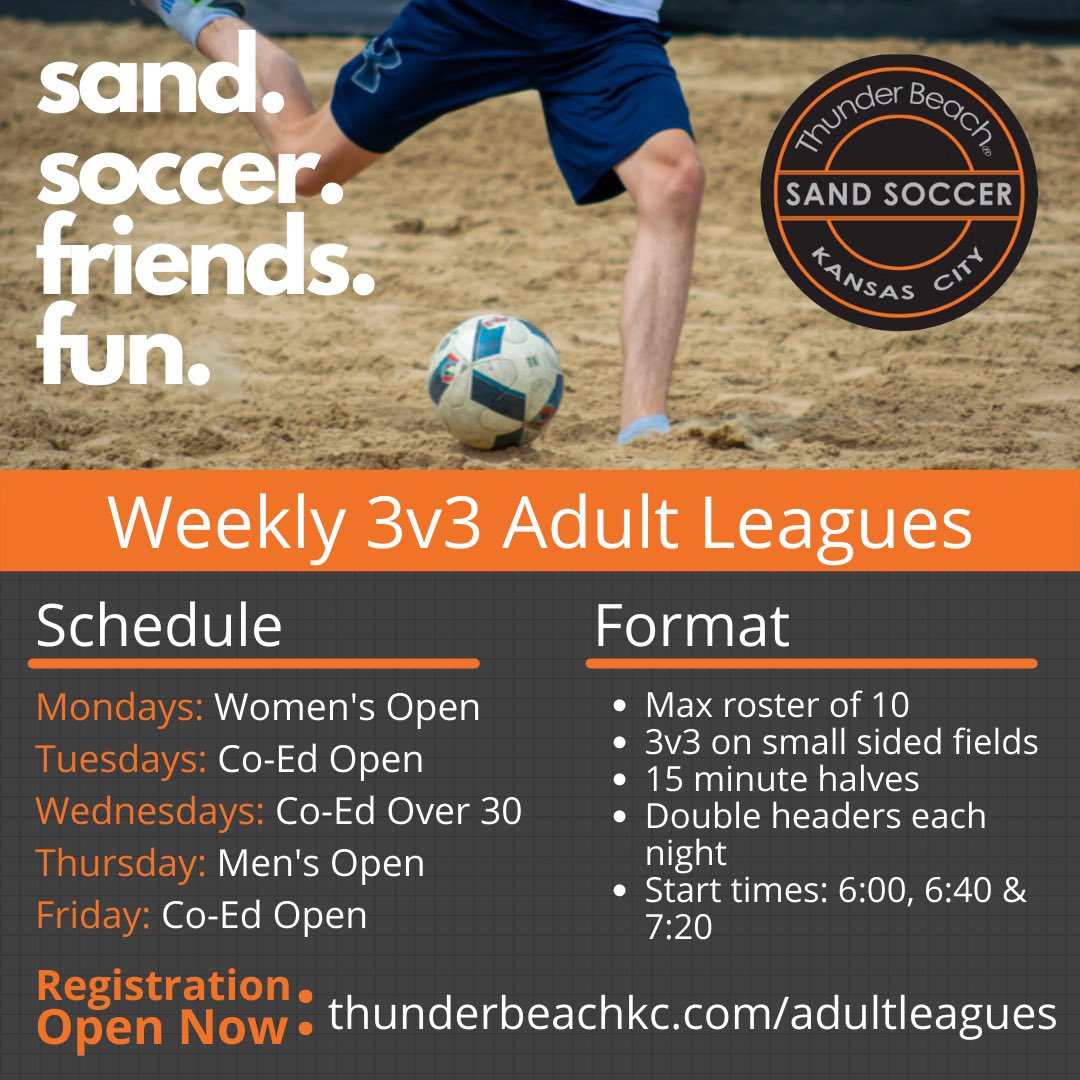 thunderbeachkc's tweet photo. Adult 🏖⚽️ leagues will take your summer to the next level! Get registered now at https://t.co/w4XdNKmsXH #letsgetsandy #sandsoccerkc https://t.co/rnhY9vrsnF