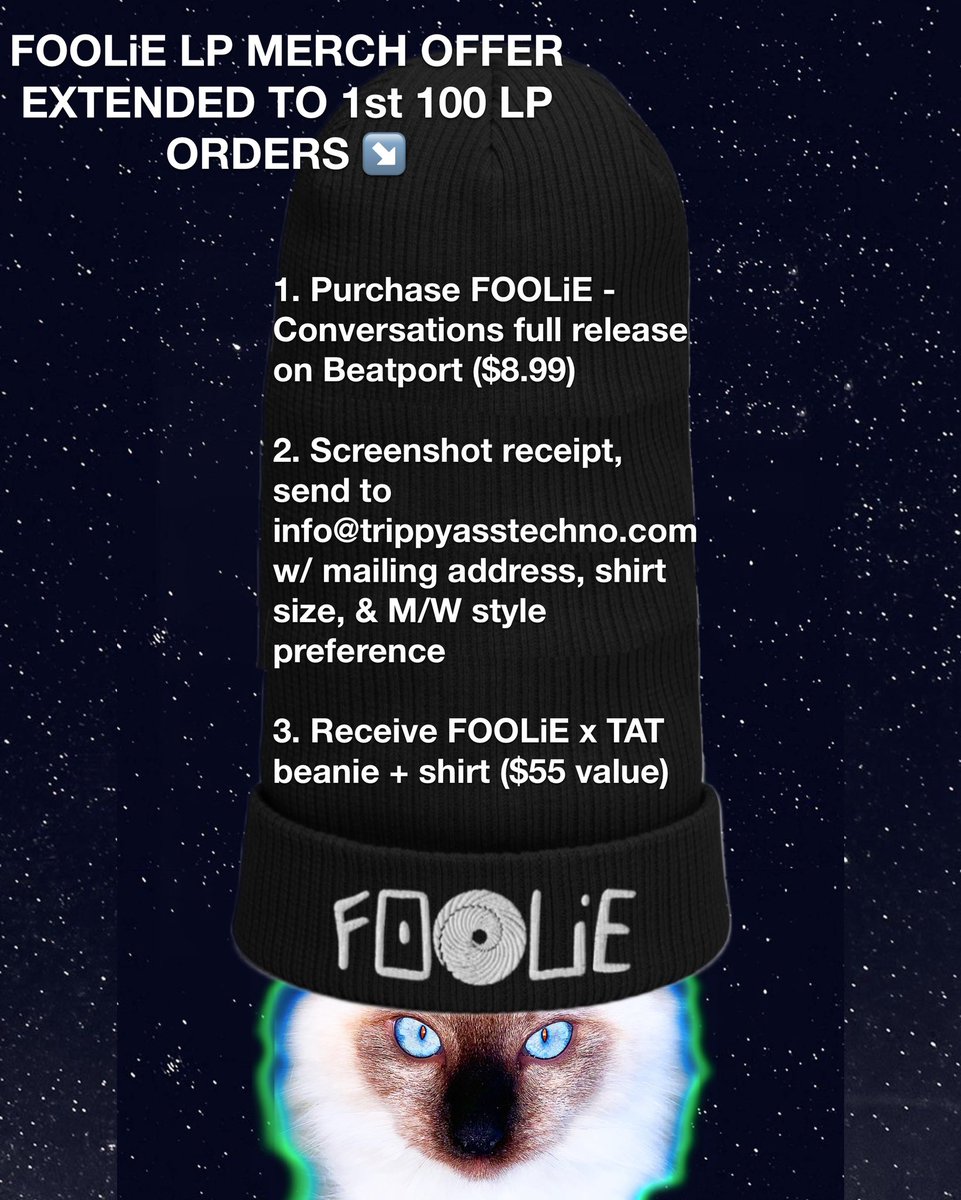 The response to <a href="/Fooliemusic/">FOOLiE</a>’s debut album CONVERSATIONS  <a href="/trippyasstechno/">Trippy Ass Technologies</a> has been crazzzy! #1 Bass House, #1 Deep House, #3 Tech House, #9 Overall. To show our gratitude we’re extending our merch deal to the first 100 LP orders! 🔊🌀🗣🤯