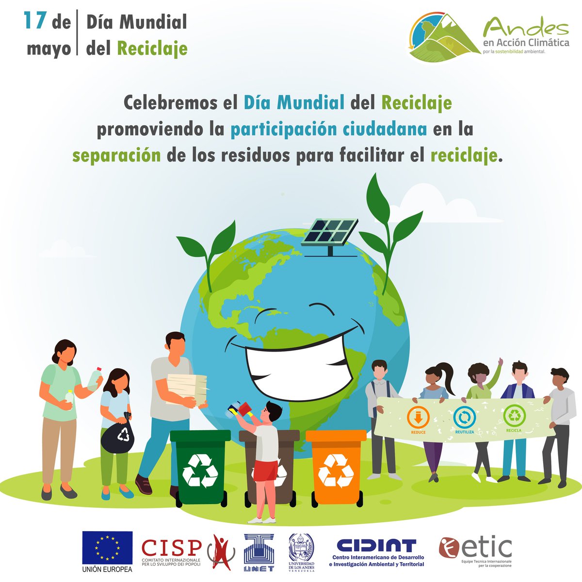 AClimatica's tweet image. Desde el proyecto Andes en Acción Climática te invitamos a celebrar el Día Mundial del Reciclaje, promoviendo la participación ciudadana en la separación de residuos para reciclar, y así consolidar ciudades más sostenibles y resilientes ante el cambio climático.