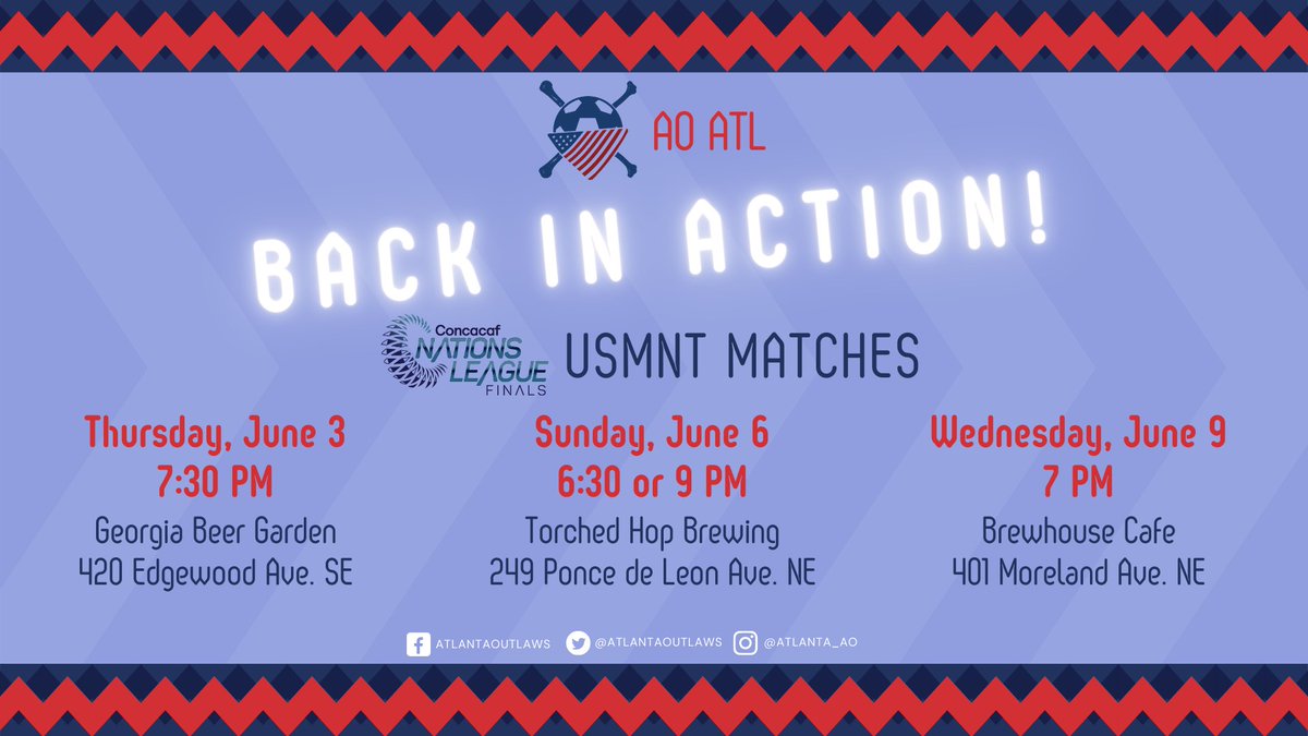 ao_atlanta's tweet photo. BACK IN ACTION, Y'ALL! 🇺🇸⚽️

Join us as we watch @USMNT in Concacaf Nations League action this June as we gather together again.

We'll be trialing bars throughout June. Your presence and feedback will help up choose our new home! #moreshotsmoregoals #aofamily #aoatl https://t.co/BrAbsrHSIn