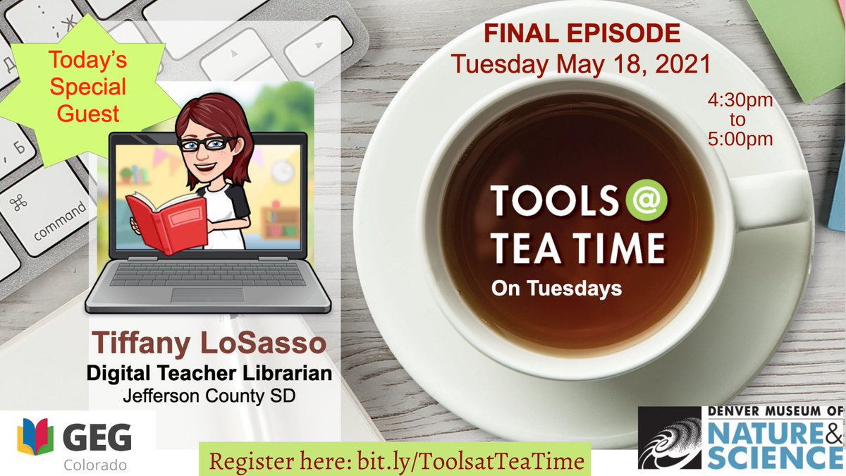 Join our leader @RedHeadEdTech on Zoom tomorrow 5/18 from 4:30-5:00pm during Tools @ Tea Time with Tim &amp; Ana produced by  <a href="/DenverMuseumNS/">Denver Museum</a> !
She'll be talking about #GEGCO &amp; all we have to offer educators! 
Register at: bit.ly/ToolsatTeaTime
<a href="/GegProgram/">Google Educator Groups</a> <a href="/GoogleForEdu/">Google for Education</a> #EdTech