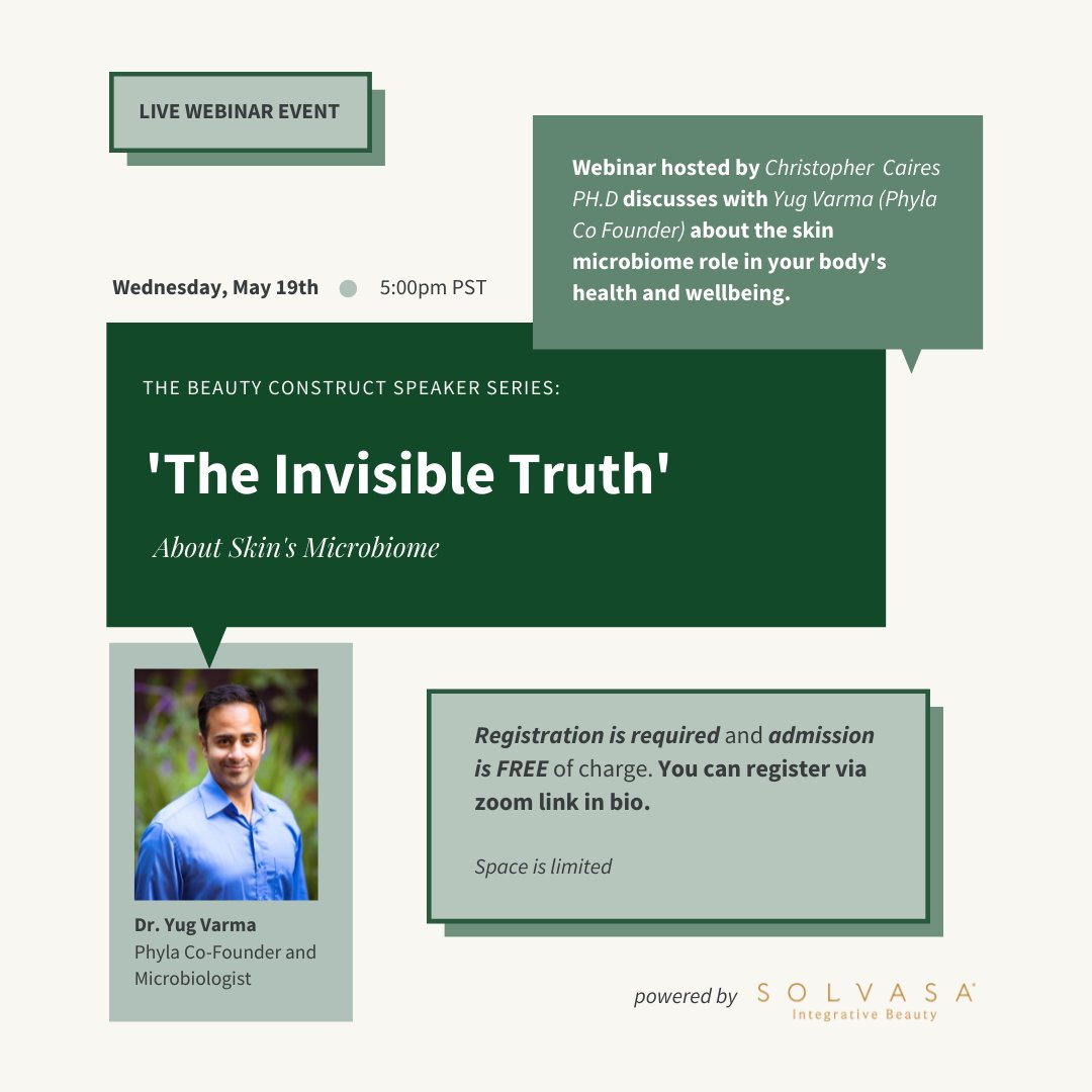 On Wednesday, May 19th at 5pm PST, join us as Christopher Caires Ph.D. hosts our Co-Founder &amp; CEO, Yug Varma Ph.D, to discuss the skin microbiome role in your body’s health and wellbeing.

l8r.it/Zv3k