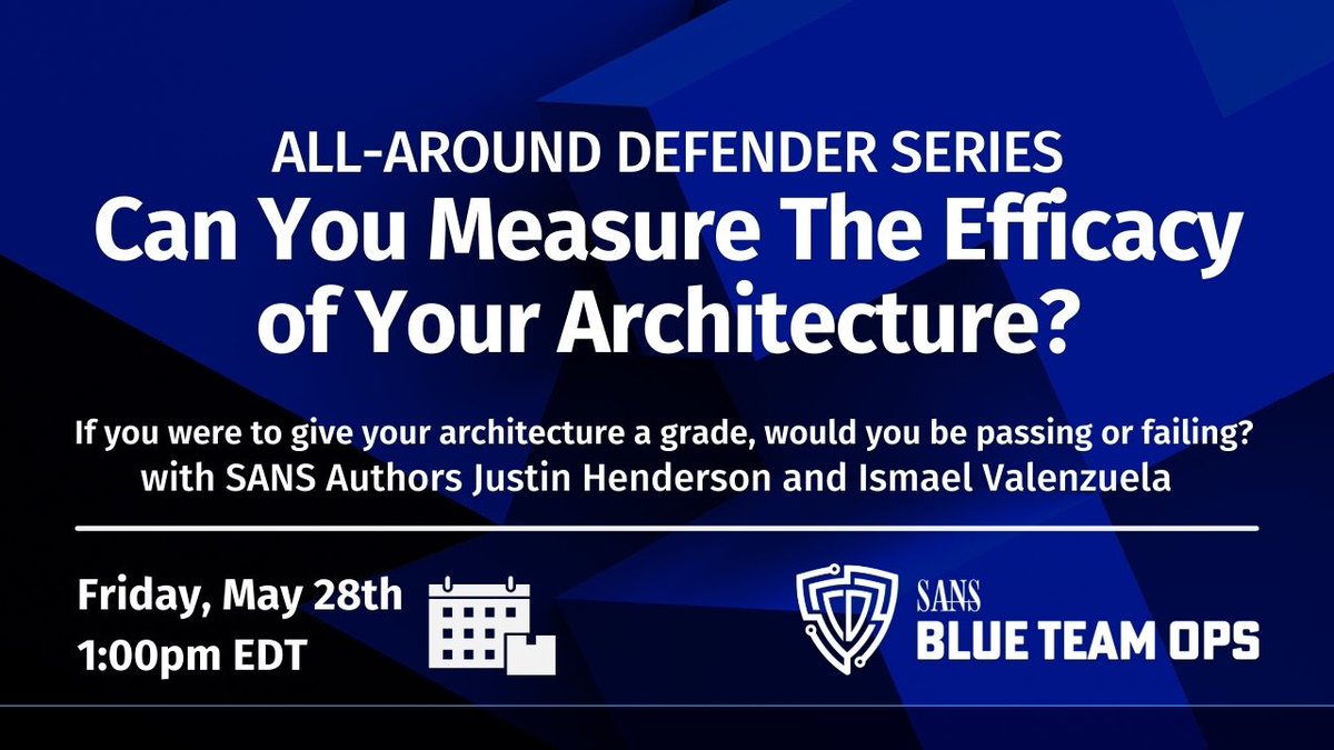 SANSDefense's tweet image. UPDATE 🚨🚨

@aboutsecurity + @SecurityMapper are hosting part 2 of our #AllAroundDefender Live Stream series. We&apos;ll discuss:

Can You Measure the Efficacy of Your Architecture?
New Date: Friday, May 28th, 1:00pm EDT

Don&apos;t miss it!
youtube.com/c/SANSBlueTeam…
#InfoSec #cybersecurity