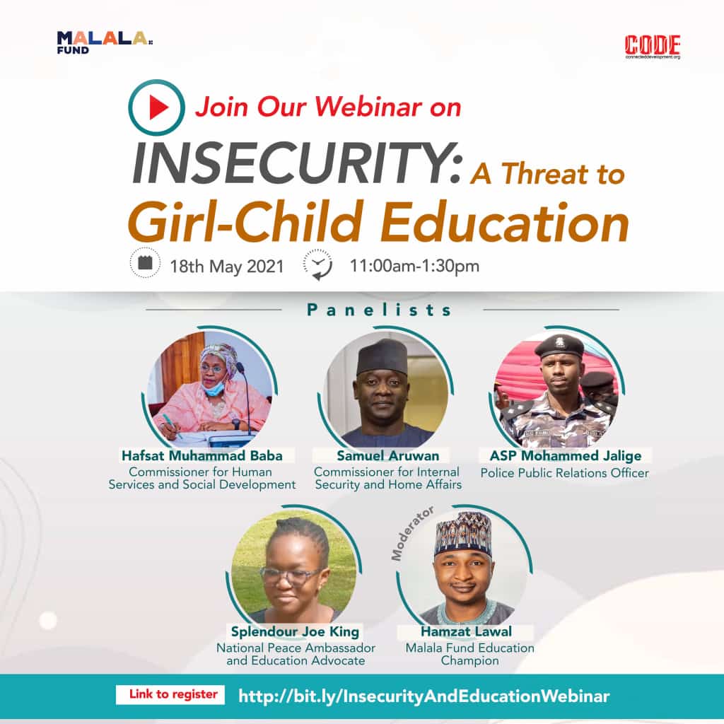Onuoha_Kach's tweet photo. On Tuesday, May 18th by 11am CODE will host a webinar to address insecurity challenges in Kaduna State with key allies including community leaders, security agencies, parents, School girls, the Govt &amp; the Media.

To register, please visit:
 https://t.co/VGBayXPQ3w https://t.co/chR8Xj4Mfi