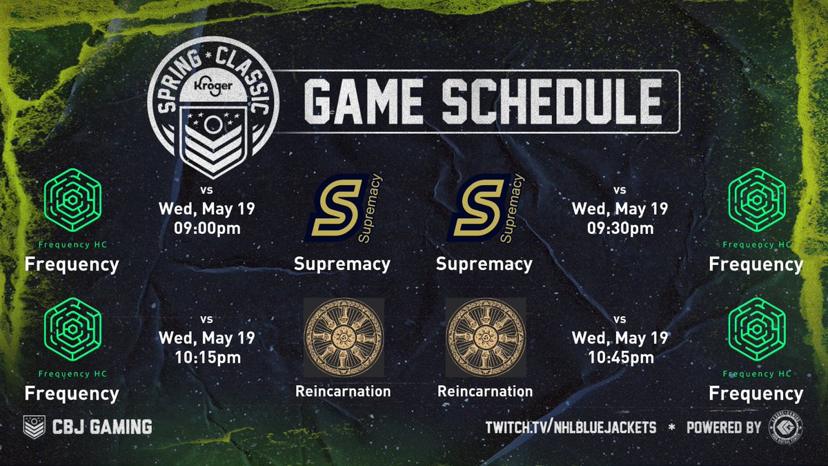 FrequencyNHL's tweet photo. The new-look #Frequency squad is back in action this Wednesday with Week 5 of the @CBJgaming Kroger Spring Classic. Supremacy and Reincarnation are our opponents this week! #BeAFreq https://t.co/56oyoyQ3VR