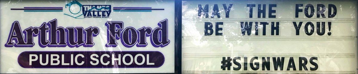 Thank you to our grade 5 student for submitting his #signwars tag line.  Keep them coming Firebirds! May the Ford be with You! #TVDSB