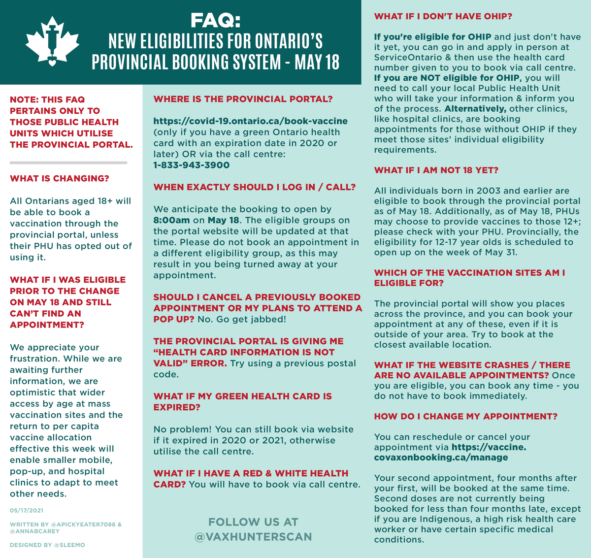 VaxHuntersCan's tweet photo. [ON] Hey Ontario! Here's our FAQ for tomorrow's 8AM provincial eligibility change to 18+! 
Check out the full version here: https://t.co/Tytm0mnKAh
https://t.co/V7RJHwqE0x #COVID19ON #vhcON https://t.co/1hcpREucD9