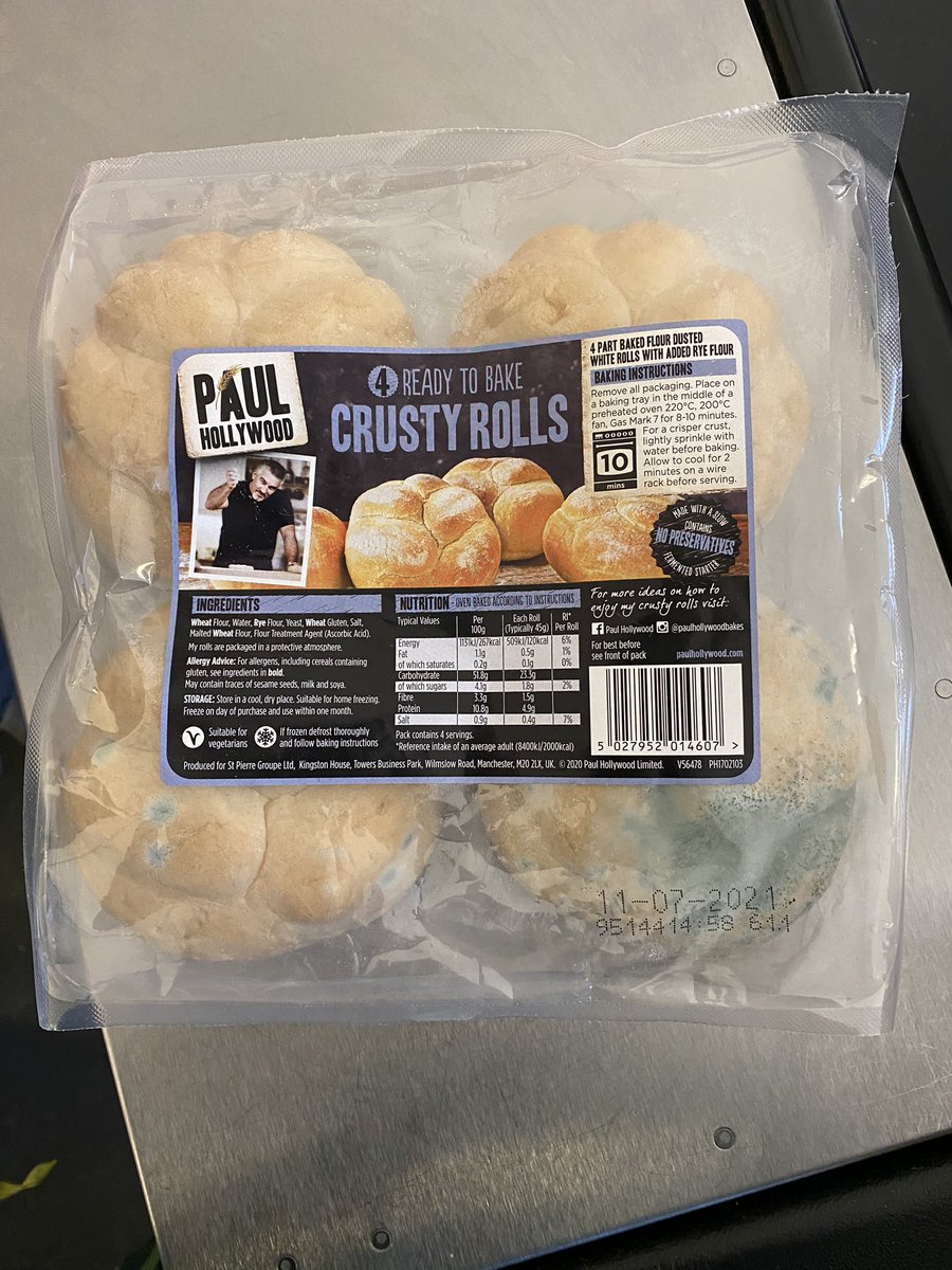 LucyRK93's tweet photo. @PaulHollywood  you might want to look at your crusty rolls.. use by date is July 2021... can’t pick off the mould on these bad boys https://t.co/p7DwmY0Gvy