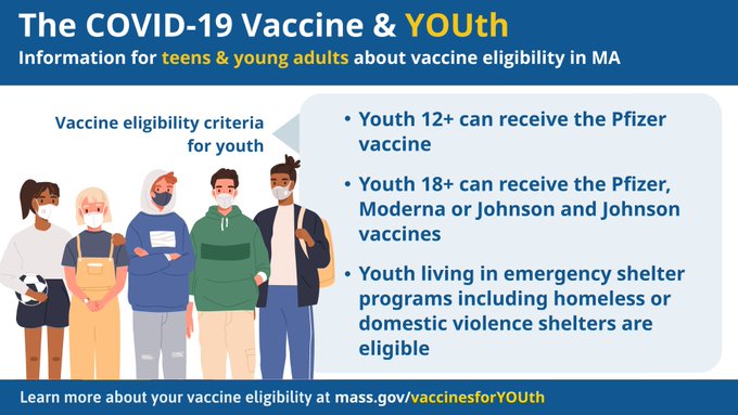 Youth age 12 and above can now be preregistered to get vaccinated against COVID-19. Go to VaccineSignup.mass.gov. #Covid19MA #GetTheVax