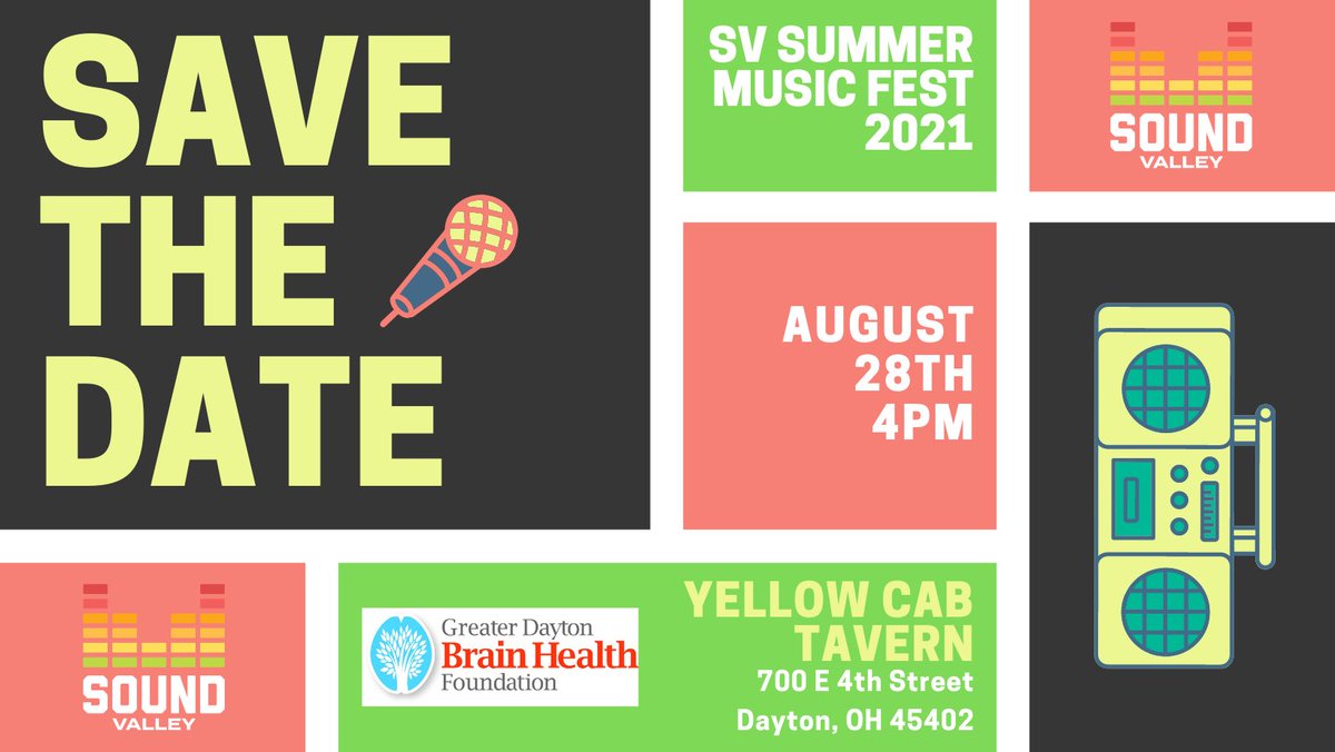 It’s happening!!! Mark your calendars for the 2021 Sound Valley Summer Music Festival on Saturday, August 28 at <a href="/YellowCabTavern/">Yellow Cab Tavern</a> 🙌🏻❤️ The show will benefit the Greater Dayton Brain Health Foundation. 

Lineup announcement next week!
#soundvalleydayton #soundvalley #daytonmusic