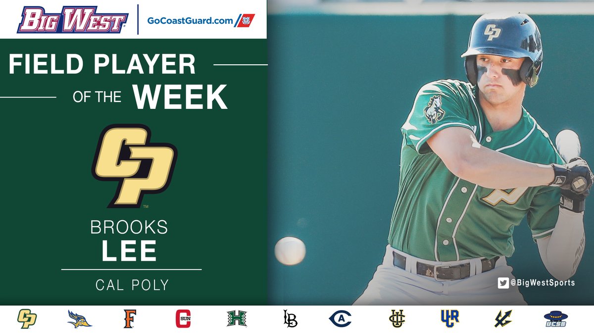 BigWestSports's tweet photo. For the 3️⃣rd time this season, @calpolystangs freshman Brooks Lee is the @USCG #BWBASE Field Player of the Week! 🐎

⚾️ Hit .500 (9-for-18) in sweep of Cal State Fullerton

⚾️ Had first collegiate grand slam

⚾️ Doubled four times

#RideHigh

➡️ https://t.co/vFlgG5aJ7S https://t.co/BZlHBXnwq8