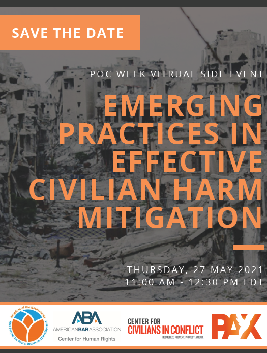 CivCenter's tweet photo. We’re happy to partner with @ABAesq @PAXPoC &amp; others for an event next Thursday to discuss emerging practice in effective civilian harm mitigation during operations. Civilians are #NotATarget.

Register by Wednesday the 26th👉https://t.co/HJu5kzzlMG

#POCWeek2021 https://t.co/BiU3vhg0sl