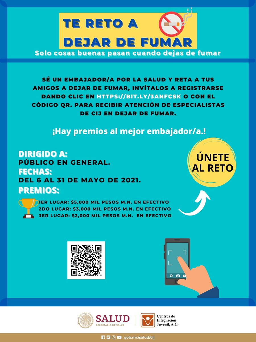 CIJ_Adicciones's tweet photo. Sé un embajador/a por la salud y reta a tus amigas y amigos a dejar de #Fumar, invítalos a registrarse dando clic en https://t.co/NLhBVsZnks o con el código QR.
🙋♂️🙋♀️ 📲
Hay premios al mejor embajador/a.
#TeRetoADejarDeFumar https://t.co/nJ2HQIe1G4