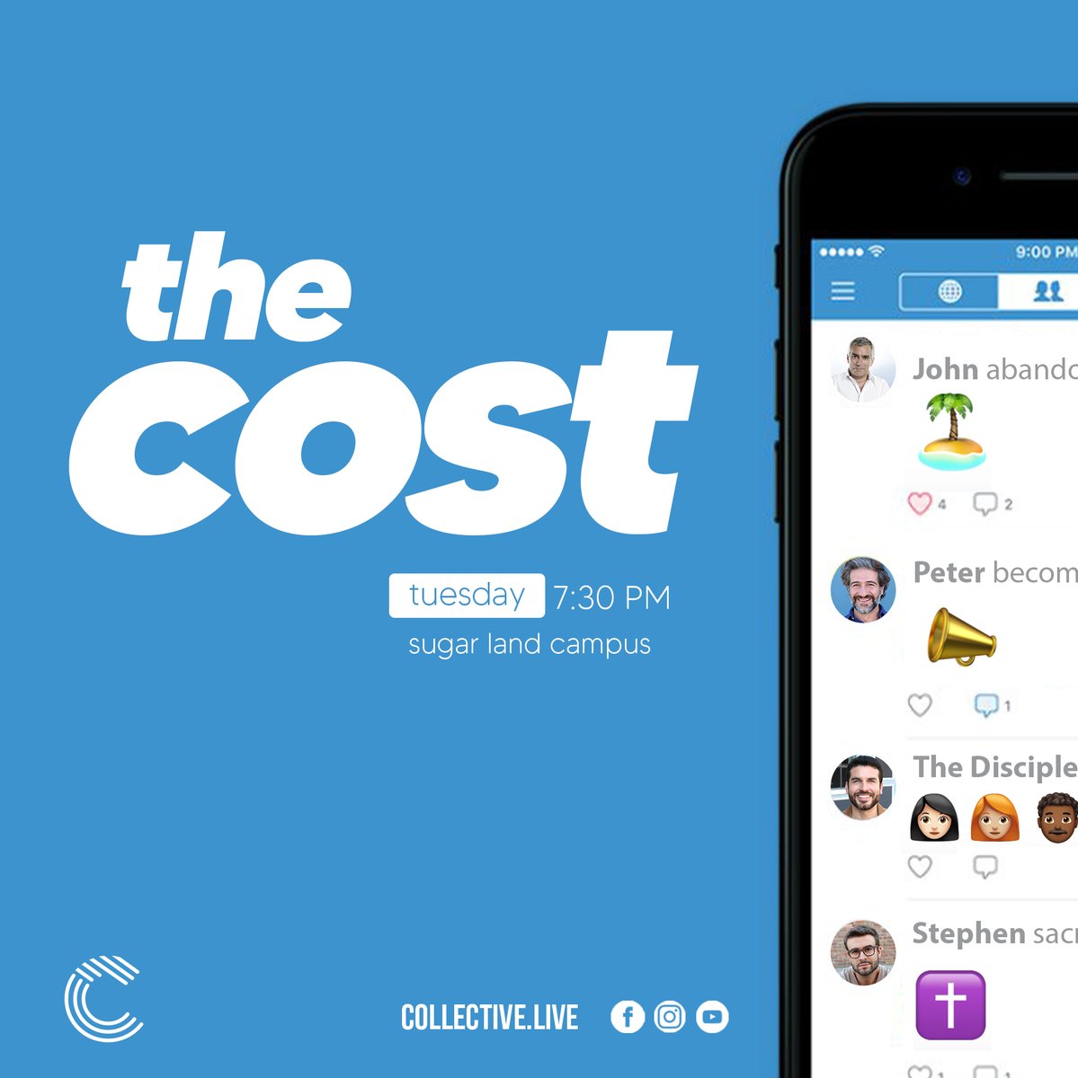 Young Adults - tomorrow we will continue the <a href="/Collective/">Collective Health</a>.Live series The Cost,  where you'll discover the real cost of following God and being a disciple 🙌

Go to collective.live  invite friends to join you and we will see you on Tuesday night. You don't want to miss it!