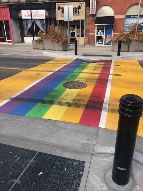 Newly-painted PRIDE crosswalk damaged in the town of Paris <a href="/BrantCommunity/">County of Brant</a>. If you have any information please contact #BrantOPP at 1-888-310-1122 of <a href="/crimestoppersbb/">Brant-Brantford Crime Stoppers</a> to remain anonymous and eligible for a cash reward. ^cv