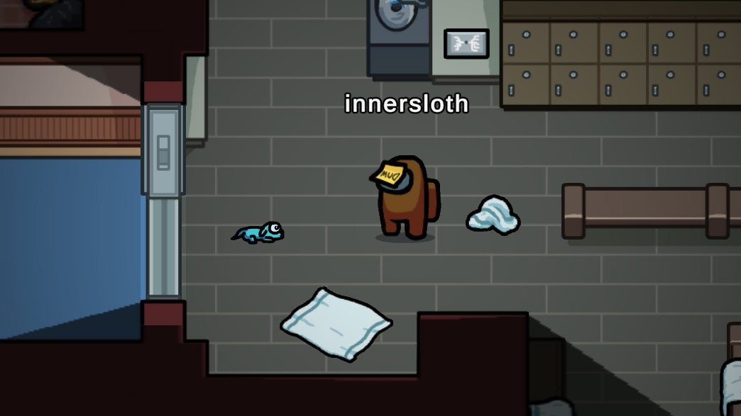 Screenshot of Among Us in the Airship. A lone pet is one the ground, sad, abandoned, without a character attached to it. This one is the sad dog.