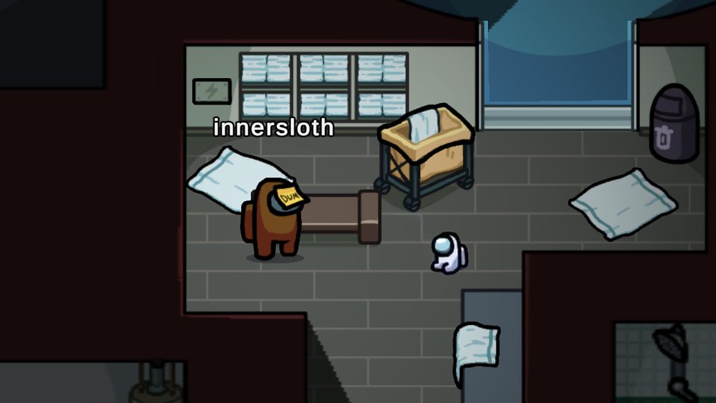 Screenshot of Among Us in the Airship. A lone pet is one the ground, sad, abandoned, without a character attached to it. This one is the sad mini crewmate.