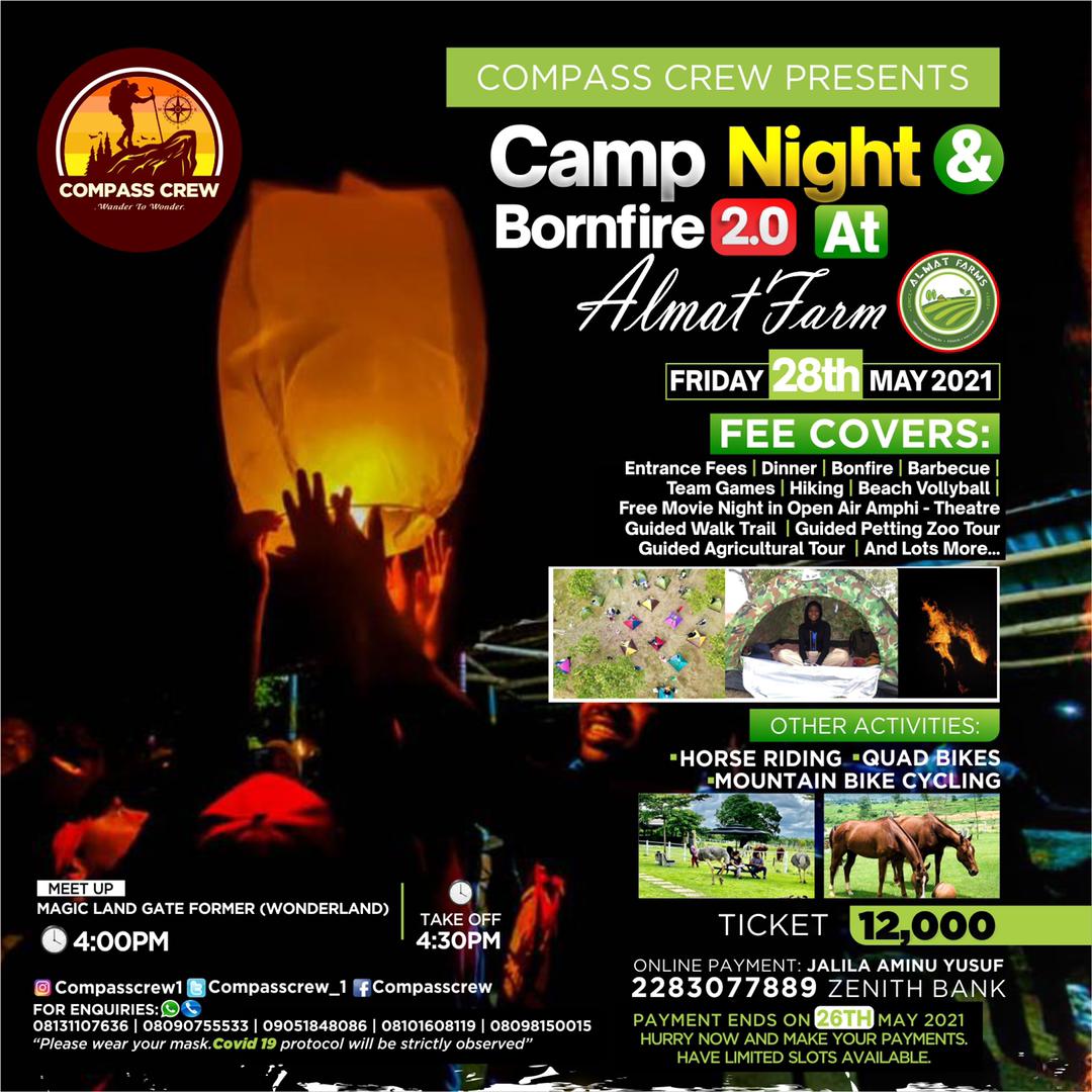 compasscrew_1's tweet image. CAMPING 🏕 CAMPING 🏕 CAMPING 🏕 

We're setting up another exciting camping adventure at ALMAT FARMS For a token of just 12,000. You get to enjoy an eventful night of camping with activities like:
    ■Barbecue
    ■Dinner
    ■ Free Movie night in Open Air Amphi Theatre