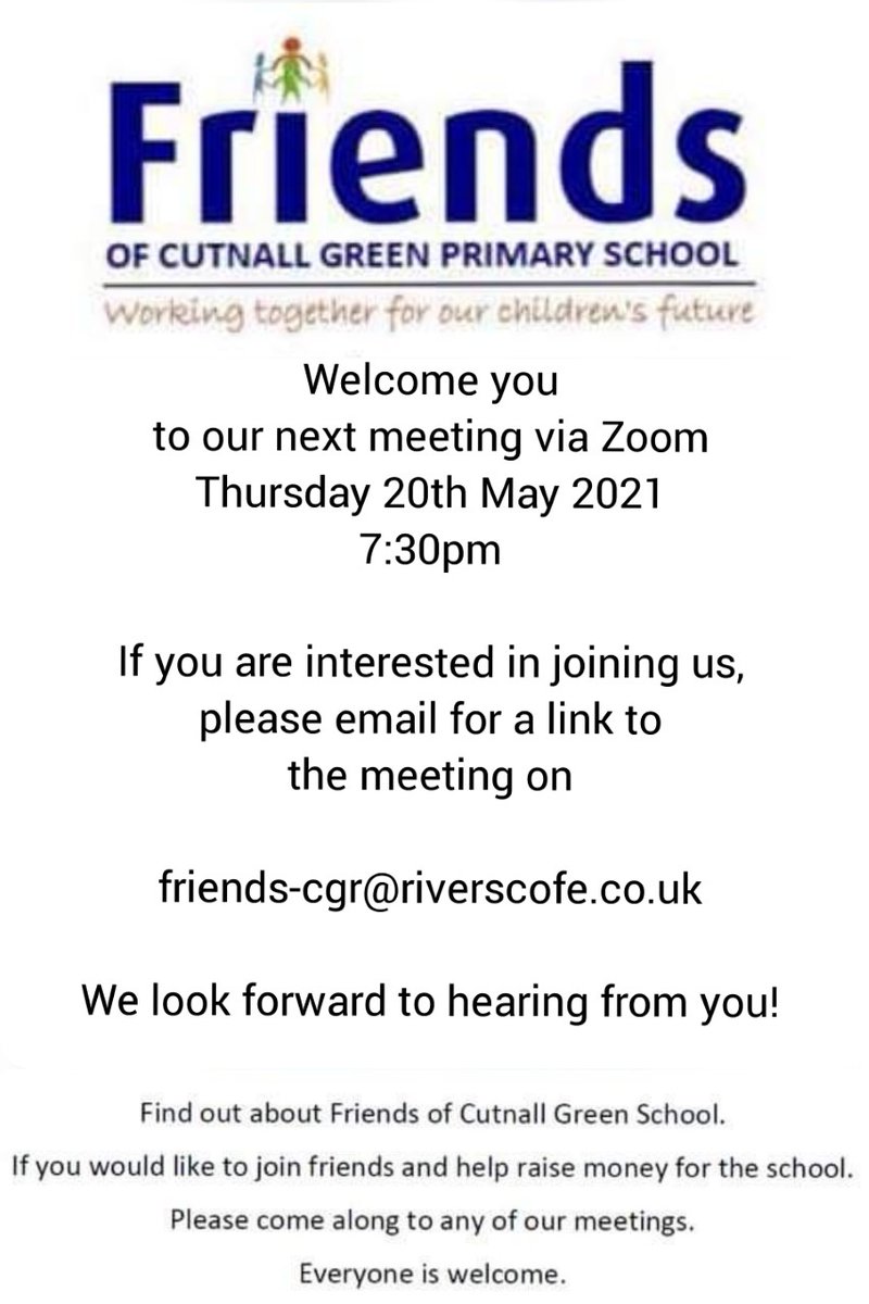 📢🤝Let’s make your child(ren)'s experience at Cutnall Green C of E Primary the best memories of their young lives together!
Please get in touch if you have any questions. We look forward to hearing from you!

#PTA #meeting #school