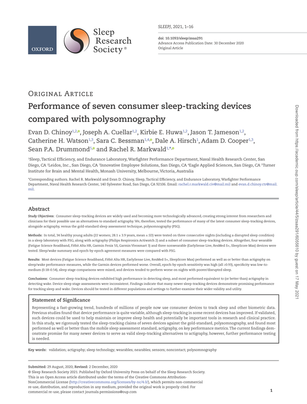 ResearchSleep's tweet photo. Consumer sleep-tracking devices exhibited high performance in detecting #sleep, and most performed equivalent to (or better than) #actigraphy in detecting wake. Device sleep stage assessments were inconsistent. https://t.co/9wOe2o4PHM #wearables #validation https://t.co/YNvwunDfJ7