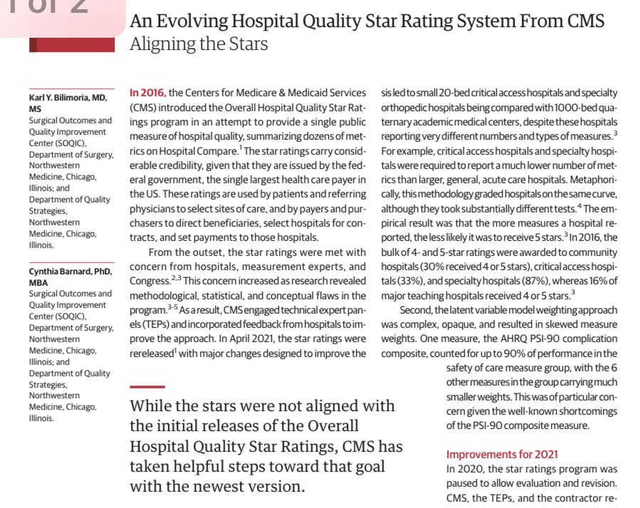 The latest <a href="/CMSGov/">CMSGov</a> Overall Hospital Quality Star Rating release is a considerable improvement over prior versions, but several additional methodological and policy changes are needed. We lay out the good and the bad today in <a href="/JAMA_current/">JAMA</a> 
ja.ma/3byBRw7  @cebarnard
