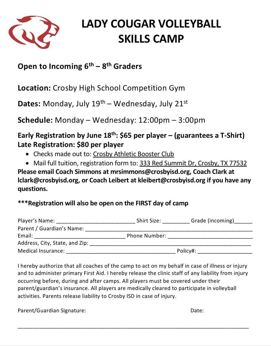 CCV is hosting volleyball skills camps for 1st-5th graders and 6th-8th graders! If you have a student that is going into any of those grades that would like to learn more about volleyball, sign up for our camp! Please reach out to Coach Simmons or Clark if you have any questions!