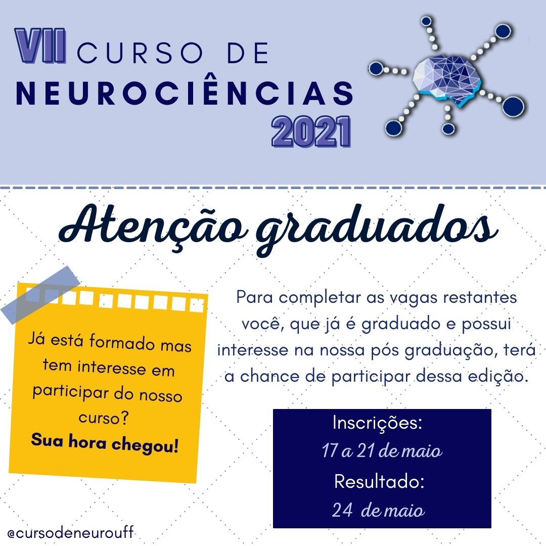 Este ano temos uma novidade! 
Nosso curso abrirá inscrições para graduados, ou seja, se você já terminou sua graduação e quer fazer o curso, seja bem vindo!!
Mas lembre-se de curtir as nossas redes e aplicar a sua inscrição.

*Os inscritos também serão avaliados e selecionados.