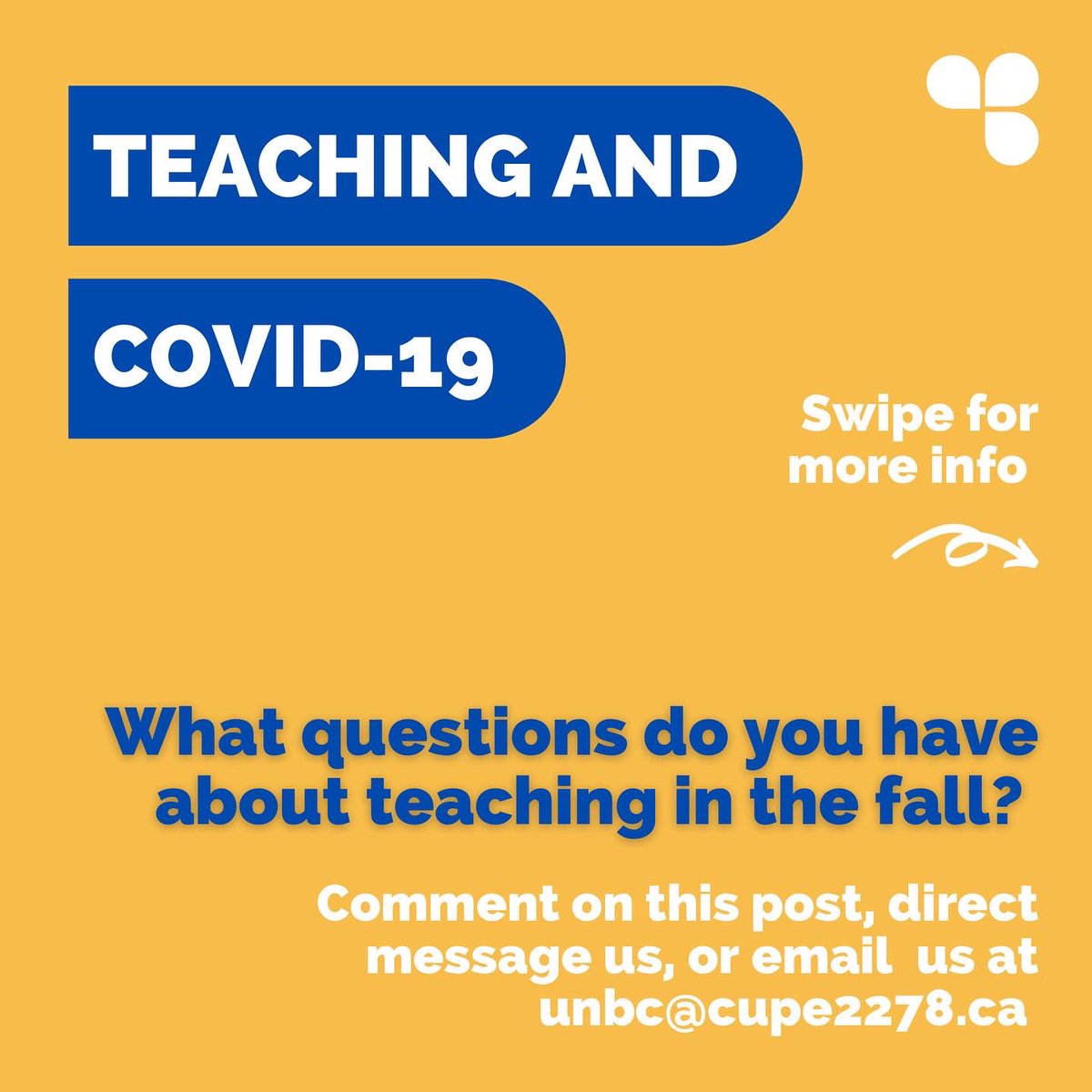 unbccupe2278's tweet photo. What your questions and concerns related to teaching in the fall? Let us know, and we’ll bring them to the university!
#union #gradTA #cupe2278 #unbc #fairness #advocacy #solidarity https://t.co/AYD2ZouQlI