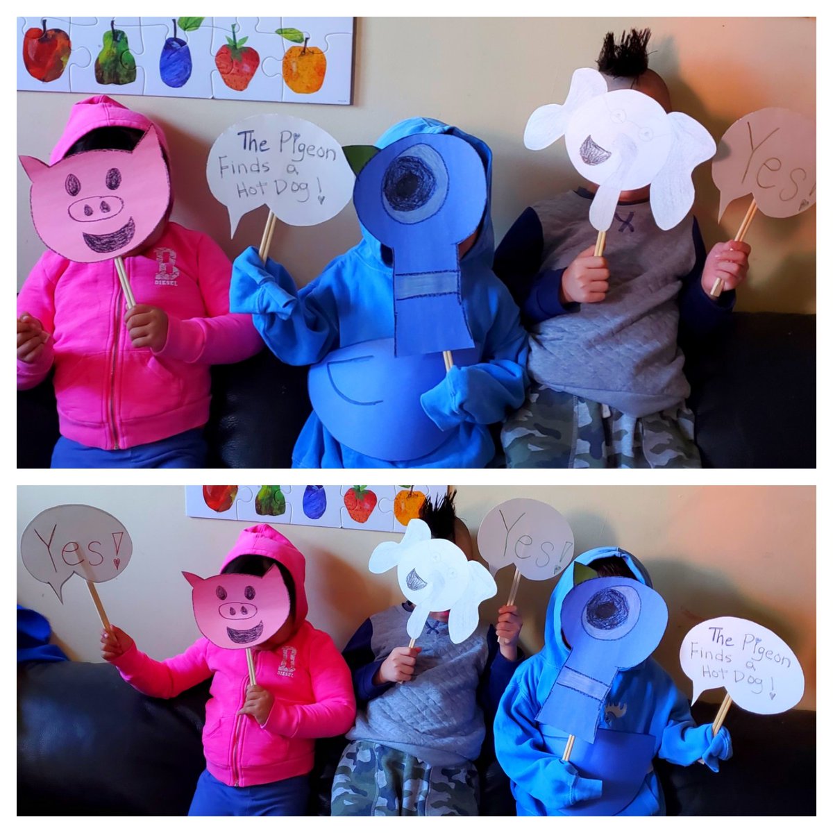 LyndaMk3's tweet photo. @FirstBook #monthofmo Here are my 3 kids dressed up as their favorite Mo Willems characters. Love your books. https://t.co/qHEyvaATnE