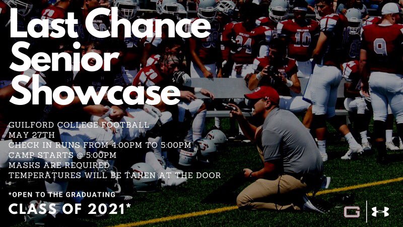 GuilfordFB's tweet photo. We are 10 days out from our Last Chance Senior Showcase and there are still some spots available. Pre-Register now to come compete! #CommitToTheG 

https://t.co/rngWJ0BVVC https://t.co/AxkJKFcW97