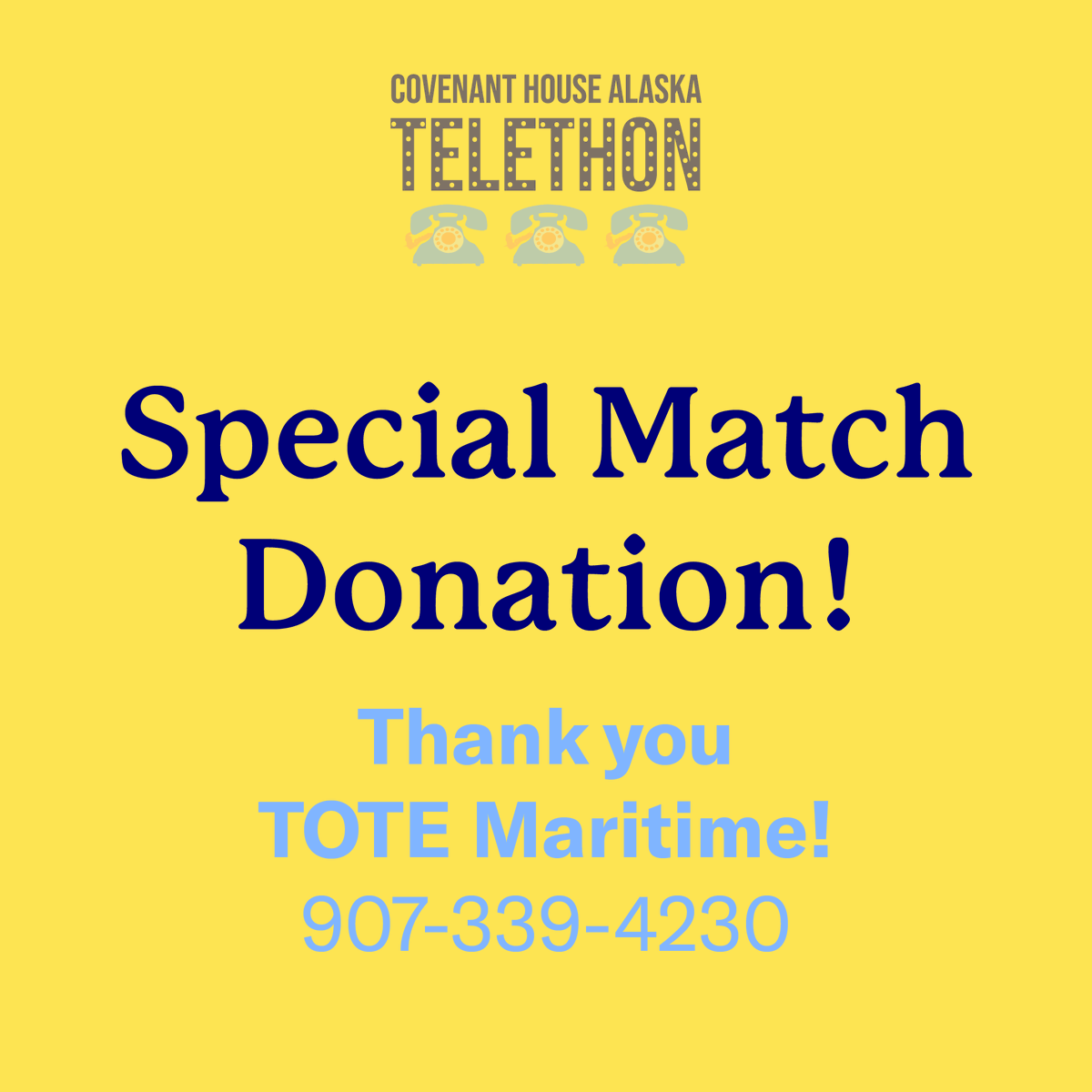 covenanthouseak's tweet photo. Just announced at our live Telethon, TOTE Maritime is going to match dollar for dollar up to $50,000. We know you can help us get there. Go to https://t.co/NHE2TrGaWg & make a secure online donation or call 907-339-4230 to give a pledge. https://t.co/iPdhvznbf0