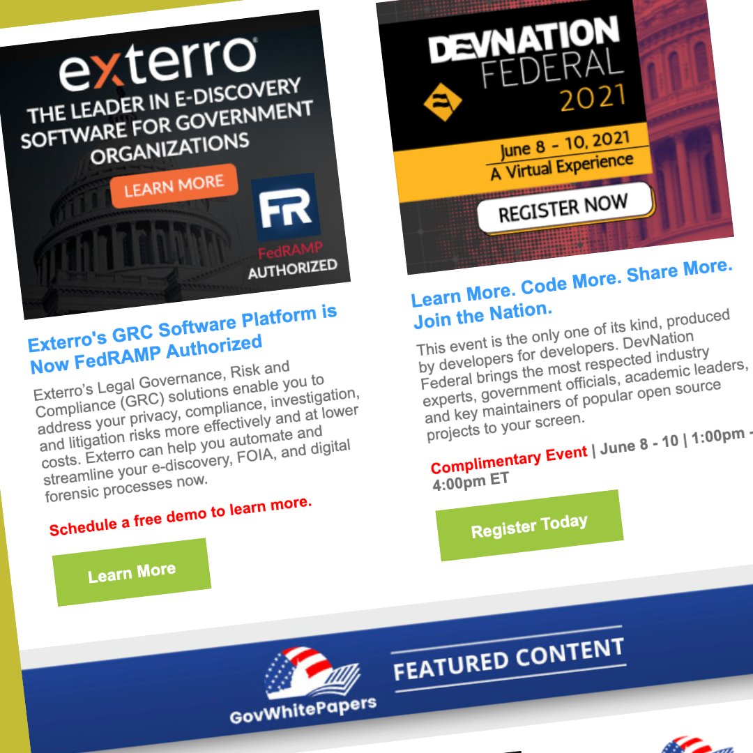 GovEventsGroup's tweet photo. NEW #GovEvents #Trends!🙌
▶️ @Exterro's GRC Software Platform is Now #FedRAMP Authorized👀 Free demos available
▶️ @RedHatGov’s #DNF2021 is the only one of its kind; produced by developers for developers👊
👉 https://t.co/vnUyQsKl6R #Governance #Compliance #Software #ediscovery https://t.co/fvFBSZeWj6