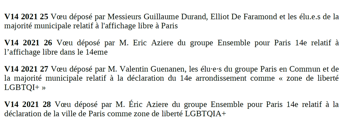 Paris14Ensemble's tweet photo. Merci à la majorité municipale du 14e de valider d'ores et déjà, par le dépôt de voeux alternatifs, la pertinence des voeux @Paris14Ensemble sur l'affirmation de Paris/14e comme zone de liberté LGBTQIA+ &amp; sur l'augmentation nécessaire du nombre de panneaux d'affichage libre https://t.co/v1AUTwxC8G