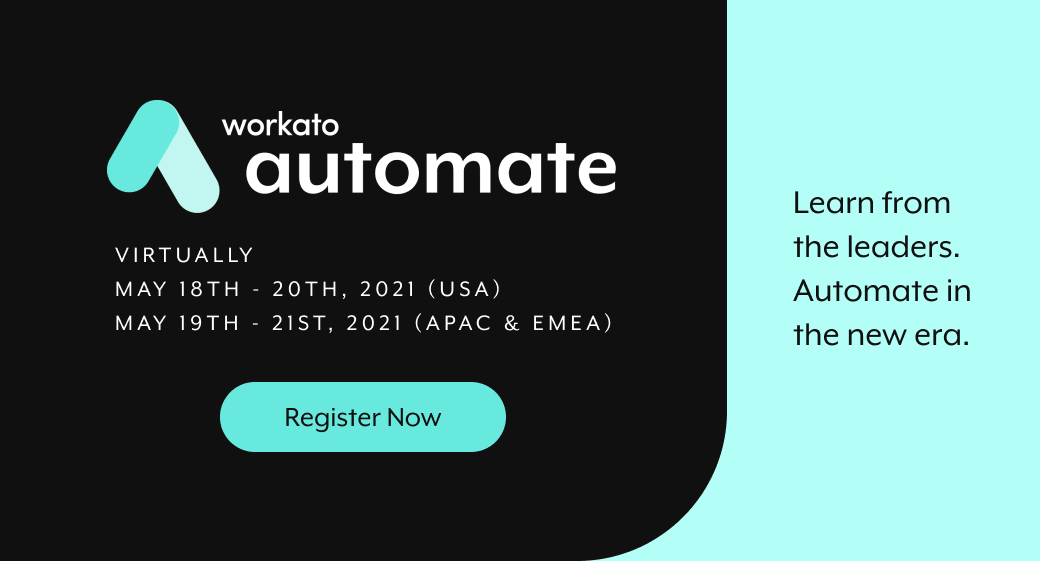Workato's tweet image. REMINDER: #WorkatoAutomate2021 is only one day away! Don&apos;t miss this FREE virtual conference filled with #automation insights that will transform your company. 

Register here: bit.ly/3ydIbTD