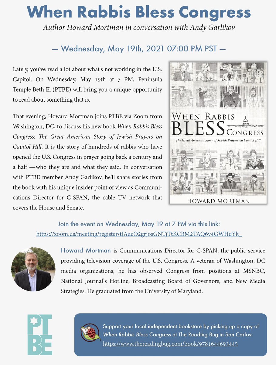 Can't wait for Wednesday night!
<a href="/CongressRabbi/">"When Rabbis Bless Congress"</a> zoom presentation via Peninsula Temple Beth El San Mateo CA. 7pmPT
Thanks to local independent bookstore @thereadingbug for partnering in this event! (buy from them - May is Jewish American Heritage Month!)
  zoom.us/meeting/regist…