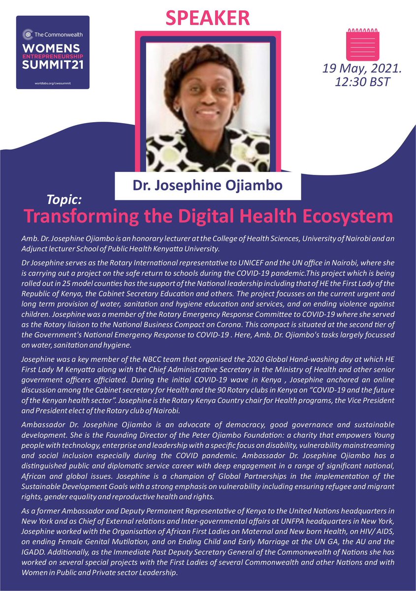 Dr. Josephine Ojiambo will be speaking on the topic - Transforming the Digital Health Ecosystems on 19 May at 12:30 BST

Don't miss out!!! Register via worldlabs.org/cwesummit

#women #entrepreneurship #empoweringwomen #business