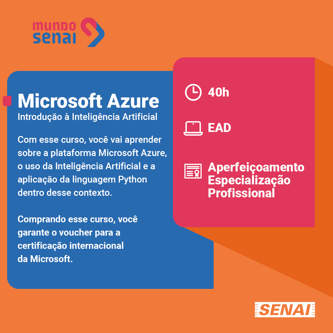SENAInacional's tweet photo. O curso da semana é uma oportunidade IMPERDÍVEL!
Garanta o aprendizado e a certificação internacional da Microsoft com o curso Microsoft Azure - Introdução à Inteligência Artificial.
Inscreva-se: https://t.co/4XvxPIVpha
#SouSENAI #CursoSENAI #PeloFuturoDoTrabalho #MundoSENAI https://t.co/rvW2qvvlsV