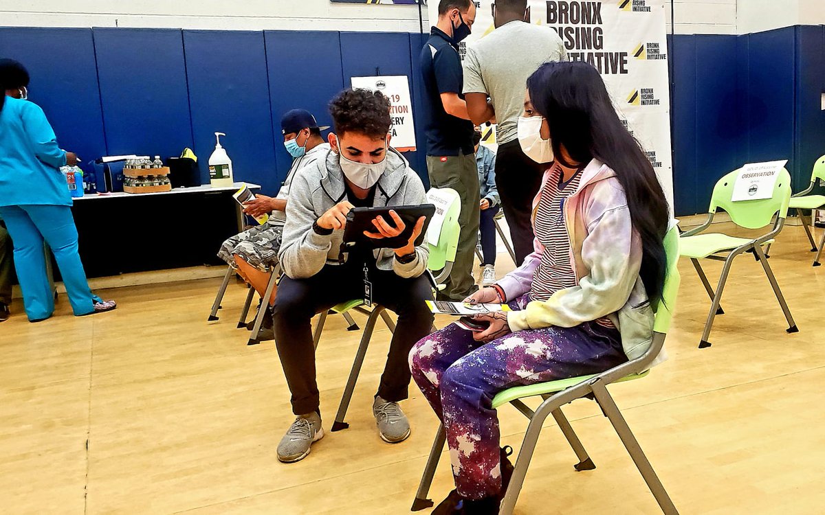 OyateGroup's tweet photo. Today we launched our children's vaccine COVID-19 program at Mott Haven Charter School in the South Bronx. Now children 12+ are able to get vaccinated and the Bronx Rising Initiative is ready to bring it directly to them. https://t.co/kEer5uzQKk