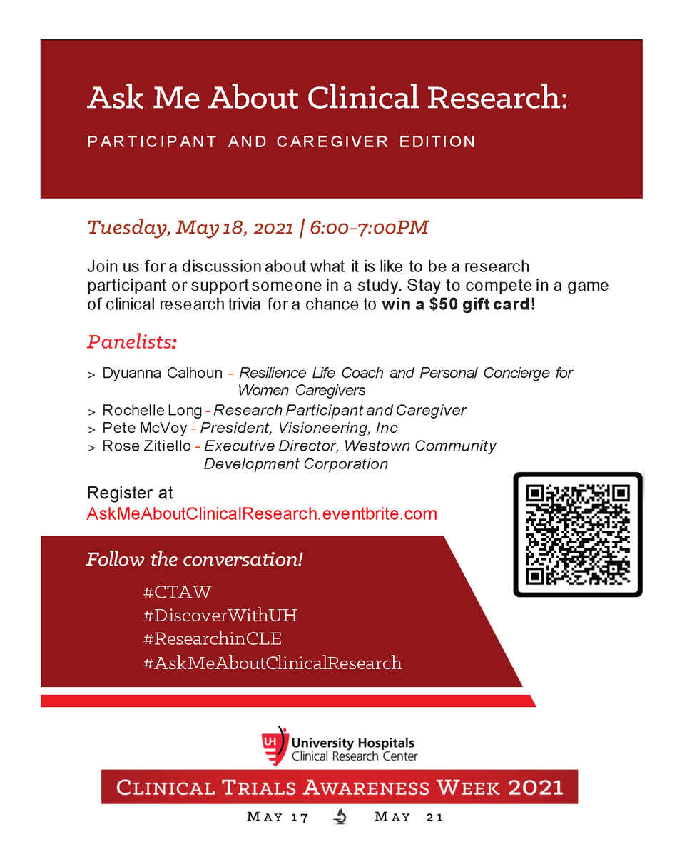 UH_CRC's tweet photo. Join us as we celebrate #ClinicalTrialsAwarenessWeek, May 17-21, at University Hospitals for two special webinars featuring #clinicalresearch perspectives from study participants and caregivers, and physician-researchers!
See the attached flyers for details. #ResearchinCLE https://t.co/p65Y0CywZI
