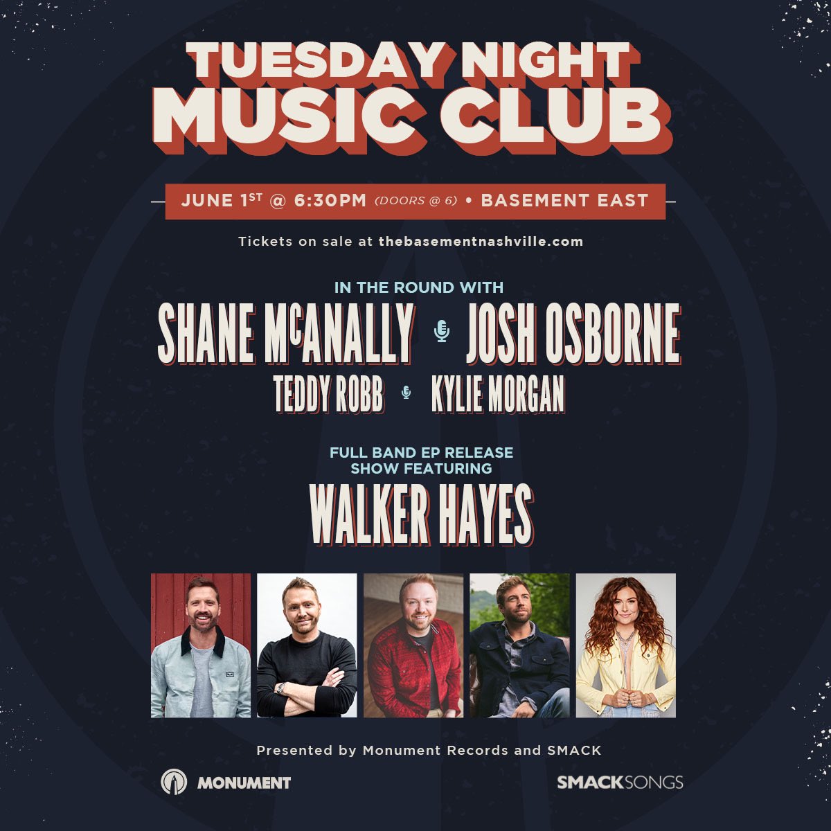 Monument Records (@monumentofc) on Twitter photo TUESDAY NIGHT MUSIC CLUB kicks off June 1st with a writers round feat. <a href="/shanemcanally/">Shane McAnally</a>, <a href="/ohmyjoshosborne/">Josh Osborne</a>, @teddyrobb, & @kyliemorgan33 + a full band performance from <a href="/walkerhayes/">Walker Hayes</a>! Grab your tickets & keep an eye out for more tuesday night hangs coming soon! smarturl.it/tnmcjune1 TUESDAY NIGHT MUSIC CLUB kicks off June 1st with a writers round feat. <a href="/shanemcanally/">Shane McAnally</a>, <a href="/ohmyjoshosborne/">Josh Osborne</a>, @teddyrobb, & @kyliemorgan33 + a full band performance from <a href="/walkerhayes/">Walker Hayes</a>! Grab your tickets & keep an eye out for more tuesday night hangs coming soon! smarturl.it/tnmcjune1