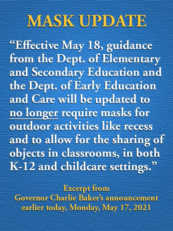 Everyone is asking! No, we no longer have to wear #masks outdoors but yes, we still must wear masks indoors 😷 We can also share materials in classrooms  📝For full guidance mass.gov/news/baker-pol… we will share more #FallRiver deets tomorrow peeps #mapoli <a href="/MASchoolsK12/">Massachusetts K-12</a> #COVID19