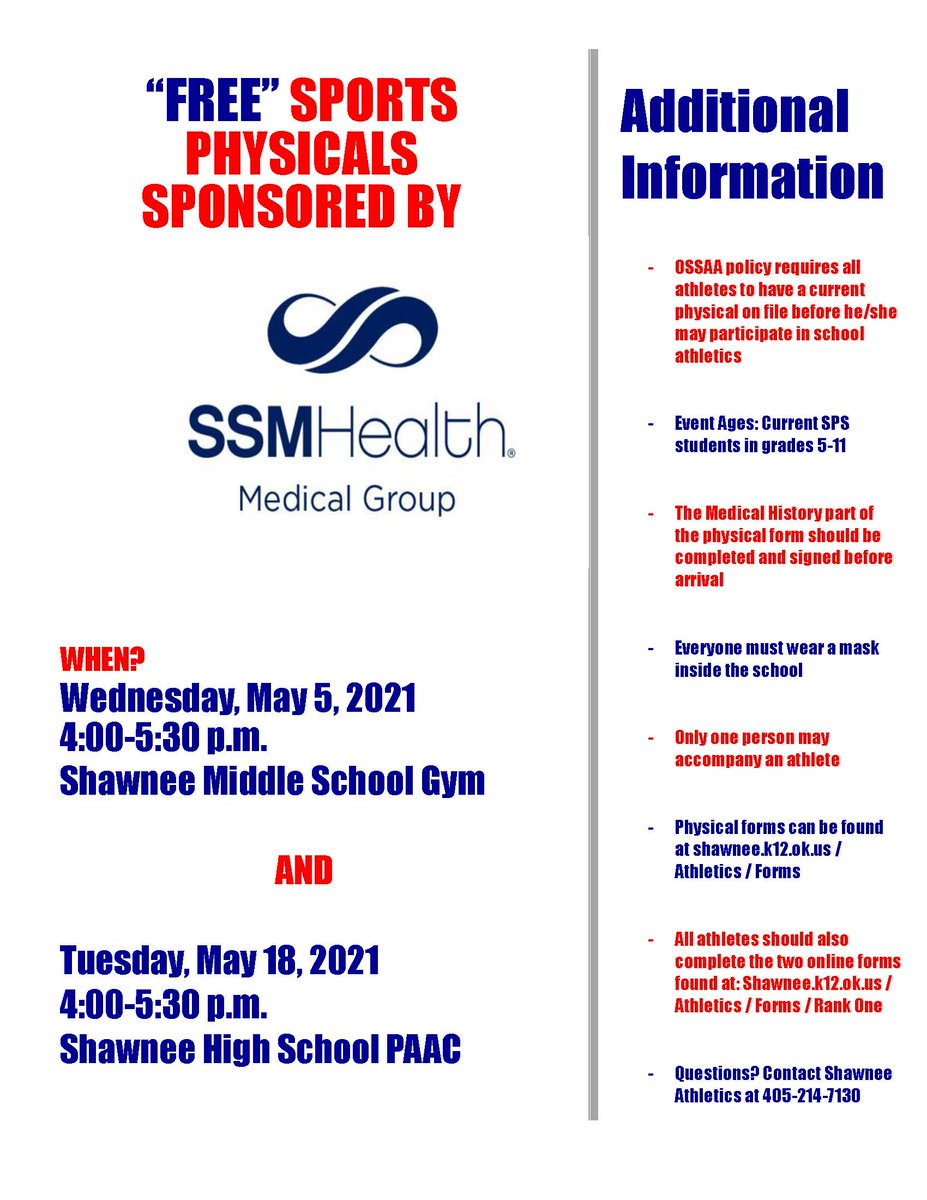 Physicals are Tuesday beginning at 4 p.m. at the SHS PAAC. Print out the forms you need at shawneeschools.rankonesport.com/New/NewInstruc…