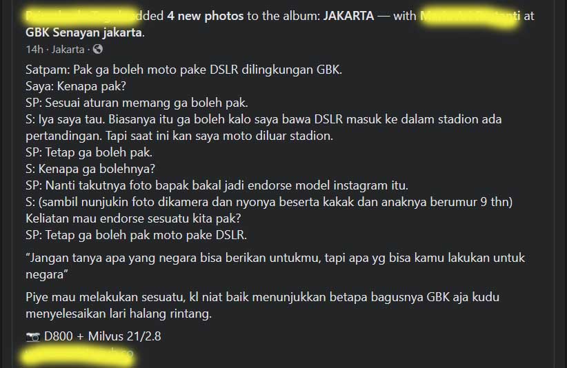 Motret di kompleks GBK tak boleh pakai DSLR ? Apa bedanya dengan pakai mirrorless atau HP premium ? Apa dasar aturan ini ?