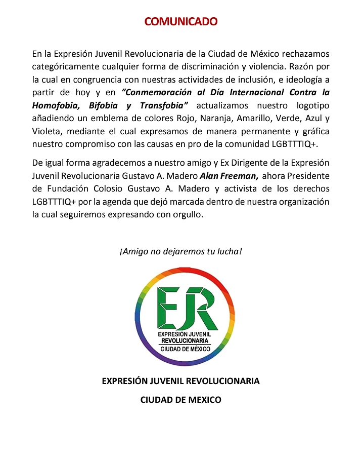 EJR_CDMX's tweet photo. COMUNICADO ❤🧡💛💚💙💜

EN CONMEMORACIÓN AL DÍA INTERNACIONAL CONTRA LA HOMOFOBIA, BIFOBIA Y TRANSFOBIA. https://t.co/o2yFKFl4Jx
