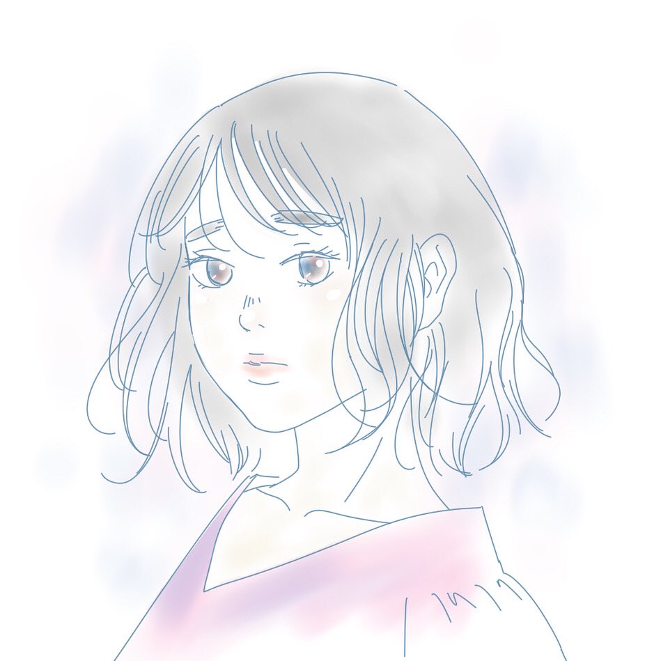 こういう絵(左)を描いていると違う画風のものが描きたくなる…。ペン入れ中の息抜きイラスト。「梅雨で髪がモワモワの人」です。 