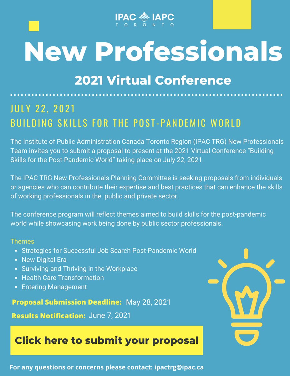yusppaan's tweet photo. IPAC Toronto Region is inviting individuals/agencies to submit a proposal to present at the 2021 Virtual Conference “Building Skills for the Post-Pandemic World” taking place on July 22, 2021

Submit proposal: https://t.co/M2lk3D94LH
Deadline: May 28, 2021

@IPAC_IAPC @YorkUSPPA https://t.co/6dR4QK3dh2