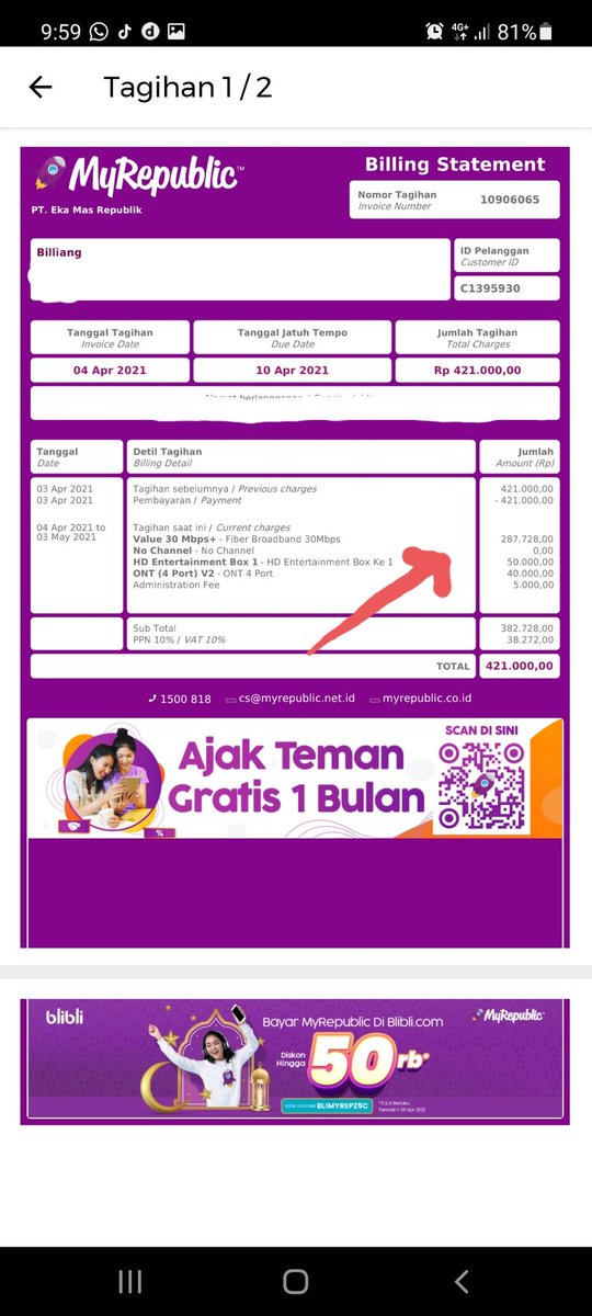 BilliJack's tweet photo. @MyRepublicID min saya kecewa berat dengan sistem penagihan myrepublic. Sudah sejak februari 2021 saya nonaktif untuk tv cable. Namun masih ditagihkan di tagihan maret, april, mei 2021. Saya minta tolong untuk tagihan juni diubah dan dihitung ulang kelebihan bayar nya https://t.co/hP1SZVhlZf