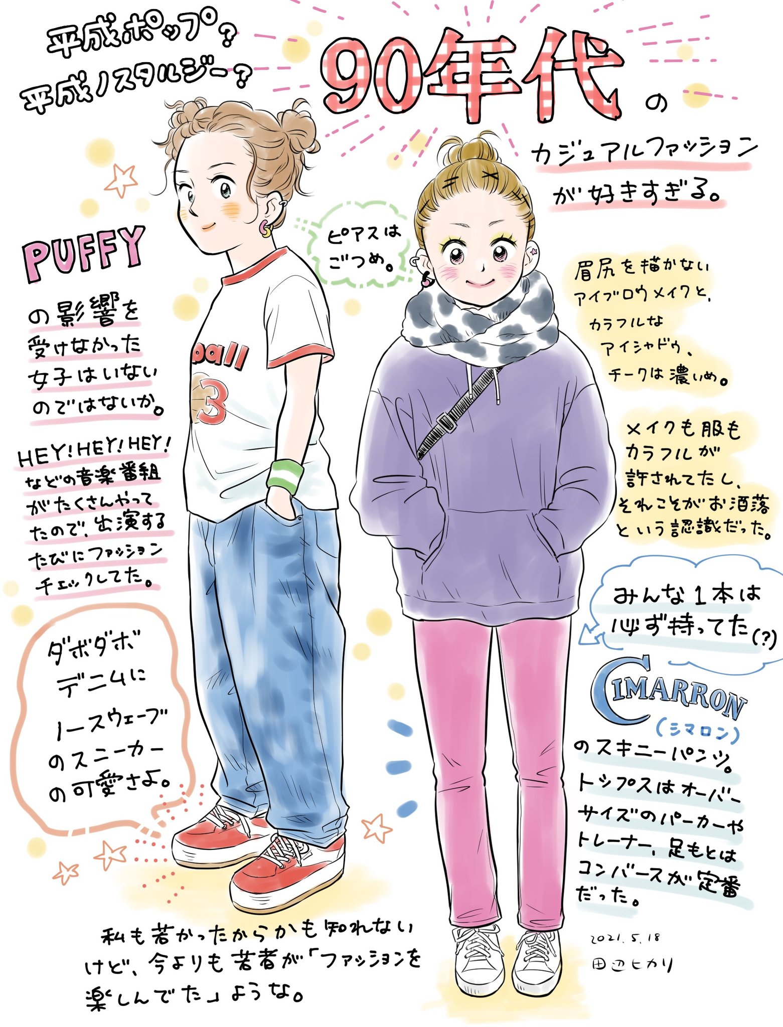 田辺ヒカリ 90年代のカジュアルファッション懐旧 時代ごとに良いことも悪いこともあるだろうけど ファッションに限っていえば90年代が楽しかったような 今でもこういう格好大好きです イラスト好きな人と繋がりたい 絵日記 イラストエッセイ